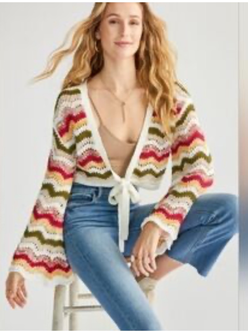 Crochet Tie-Front Cardigan in Cream with Olive, Pink & Gold Chevron - Picture 3 of 12